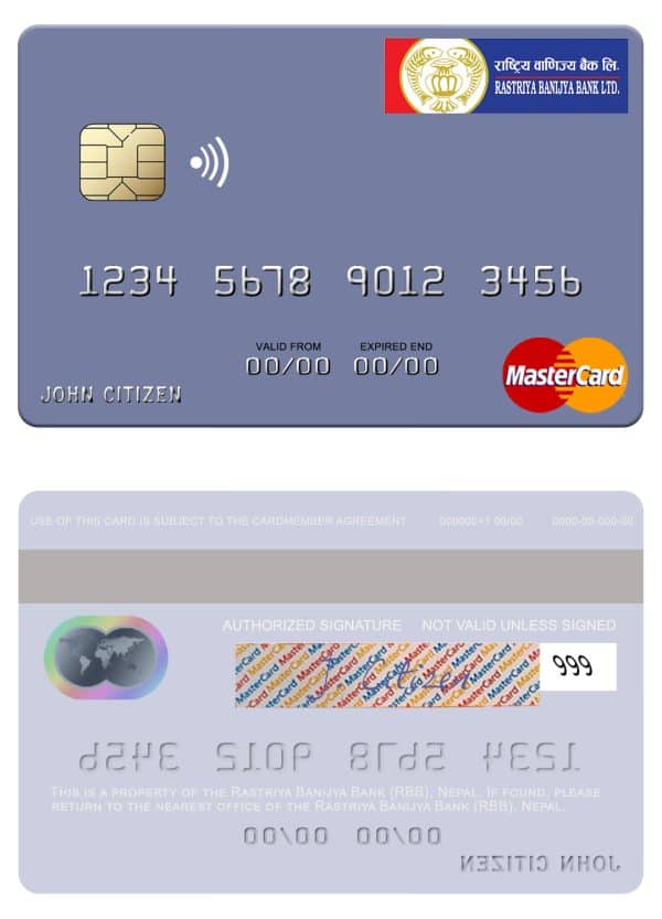 Fillable Nepal Rastriya Banijya Bank (RBB) mastercard Templates | Layer-Based PSD