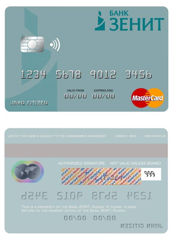 Fillable Russia Bank ZENIT mastercard Templates | Layer-Based PSD