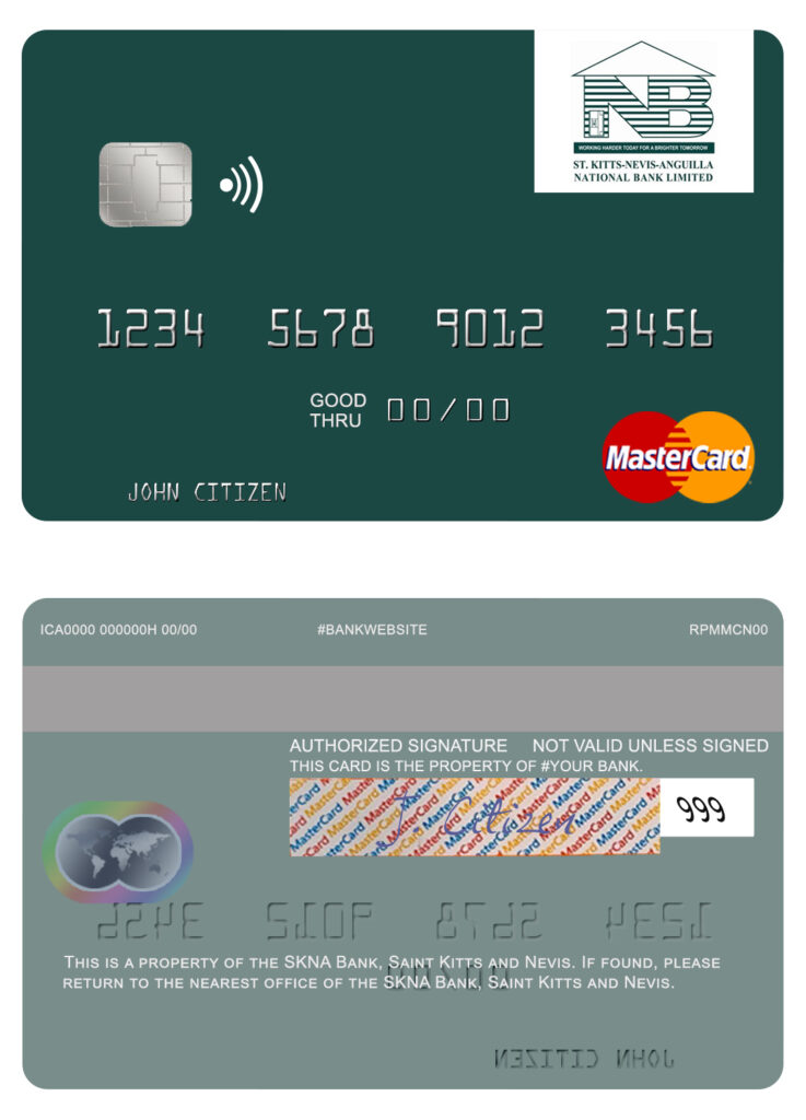 Fillable Saint Kitts and Nevis SKNA Bank mastercard credit card Templates | Layer-Based PSD