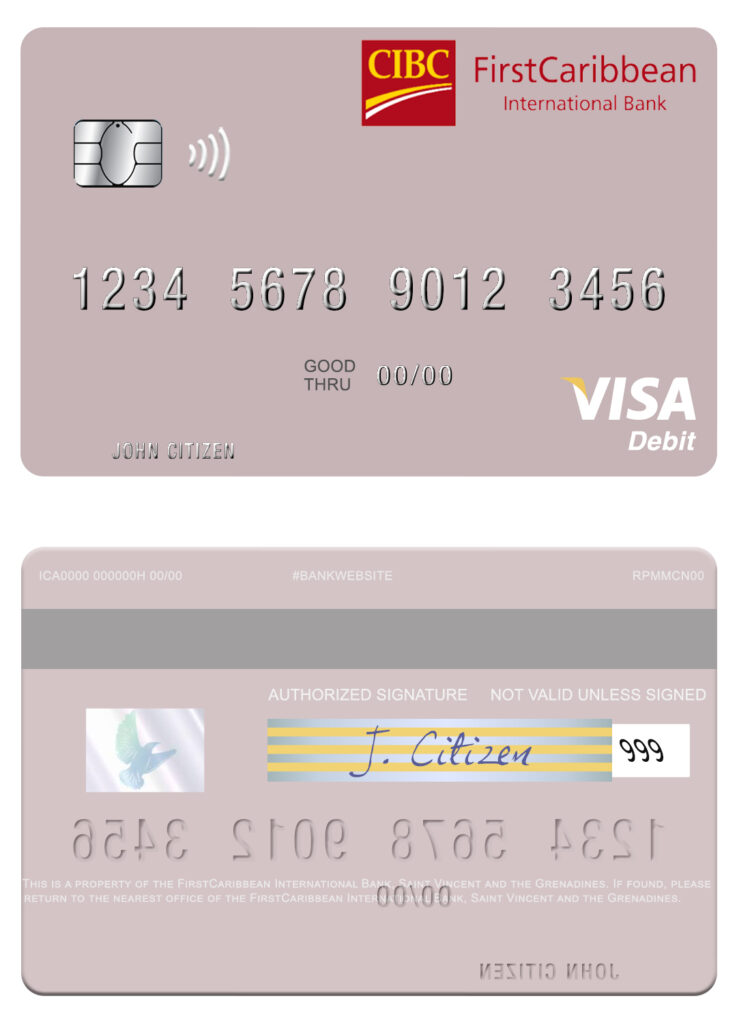 Fillable Saint Vincent and the Grenadines FirstCaribbean International Bank visa debit card Templates | Layer-Based PSD
