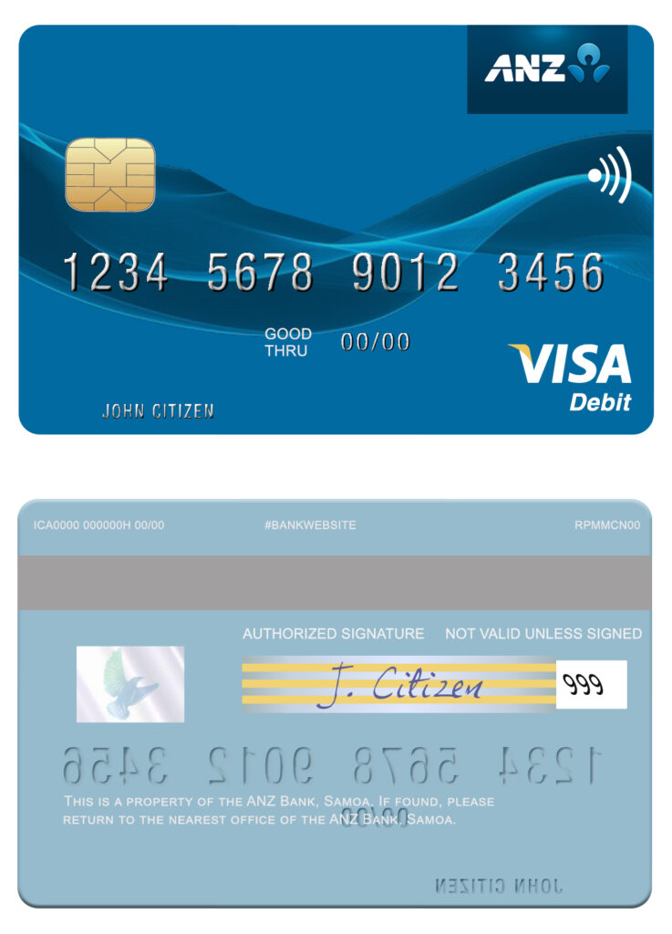 Fillable Samoa ANZ Bank visa debit card Templates | Layer-Based PSD