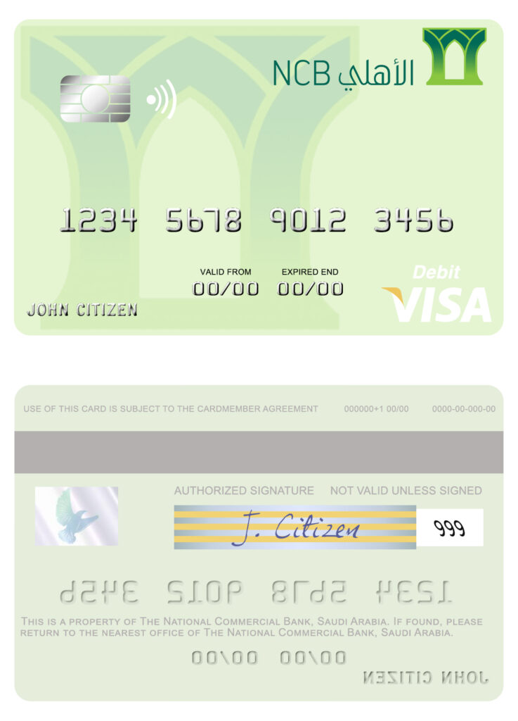 Fillable Saudi Arabia The National Commercial Bank visa debit card Templates | Layer-Based PSD