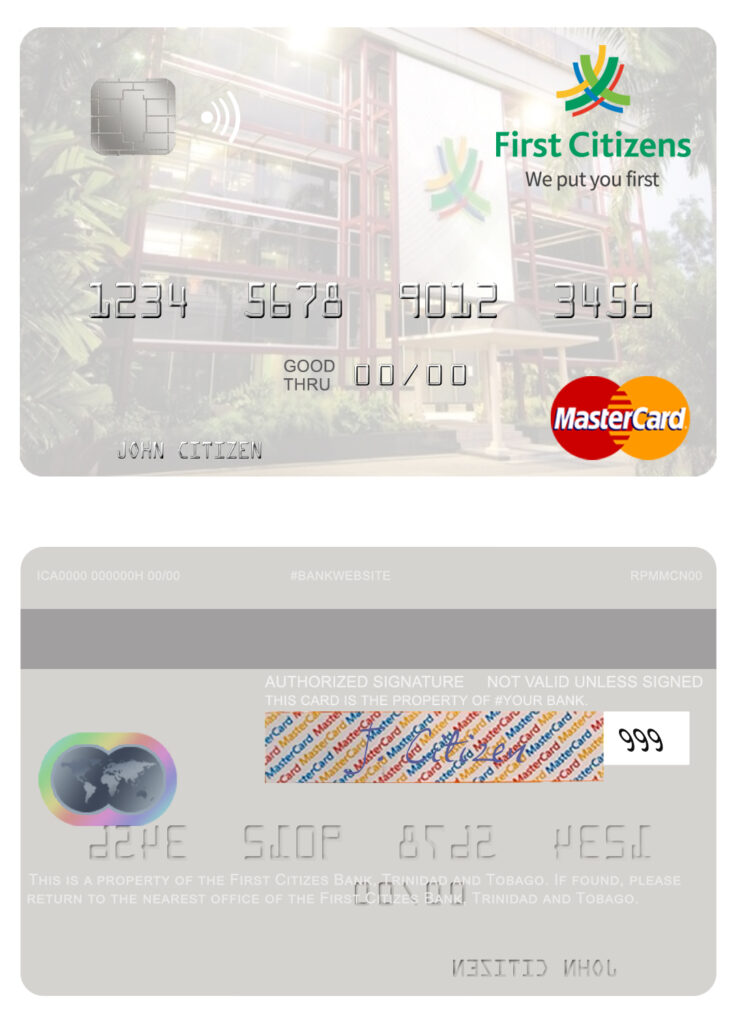 Fillable Trinidad and Tobago First Citizes Bank mastercard Templates | Layer-Based PSD
