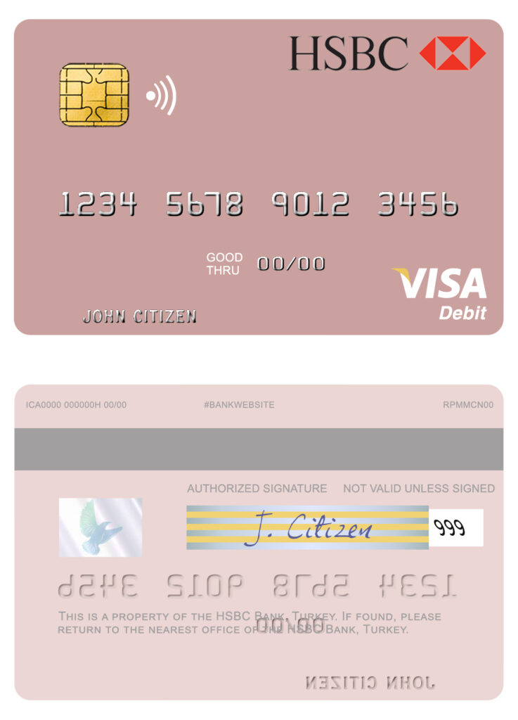 Fillable Turkey HSBC Bank visa debit card Templates | Layer-Based PSD
