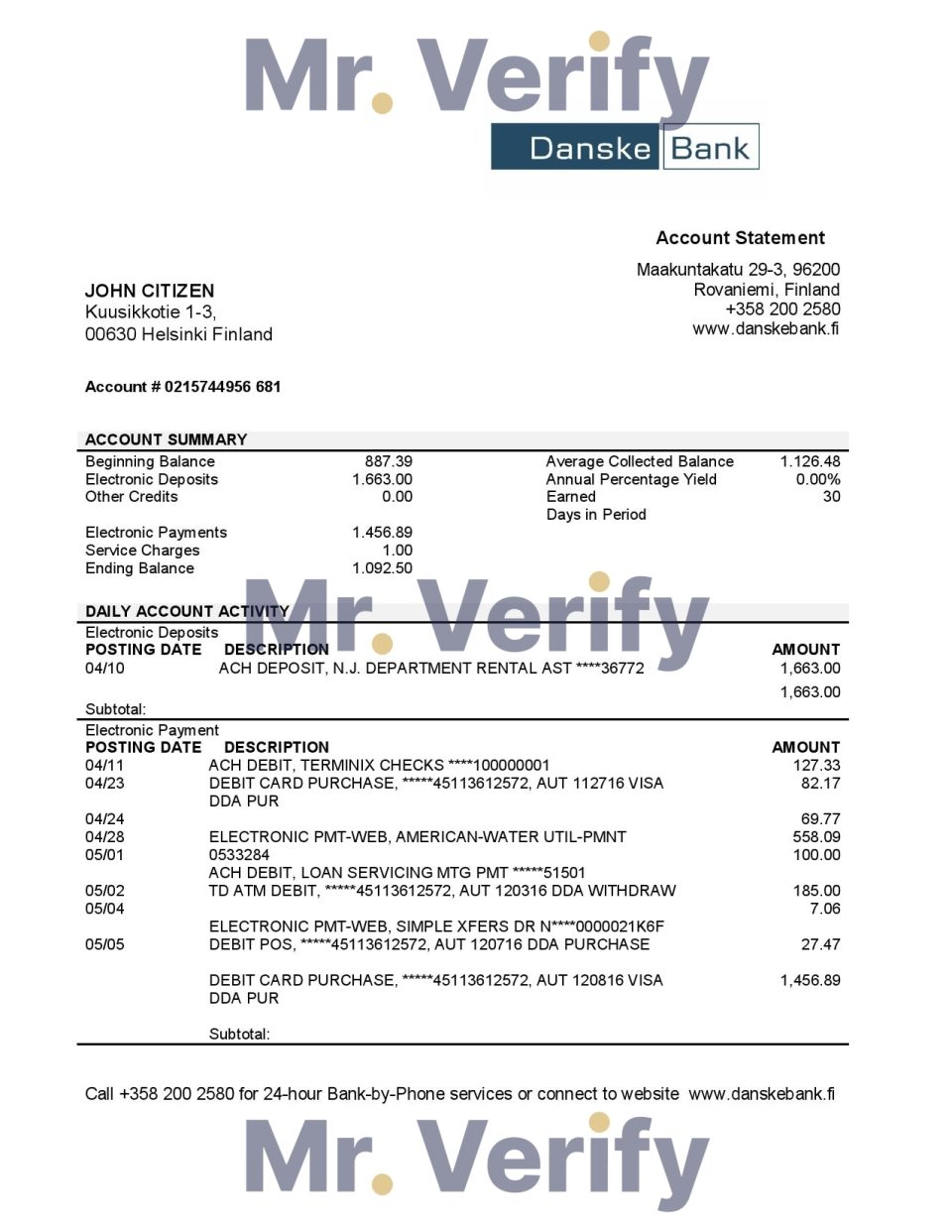 Finland Danske bank statement easy to fill template in .xls and .pdf file format