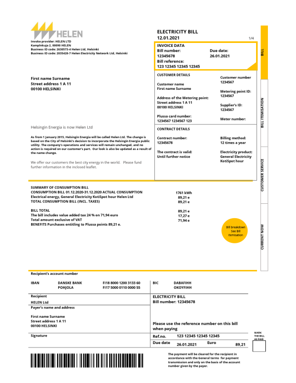 Finland HELEN utility bill template in Word and PDF format