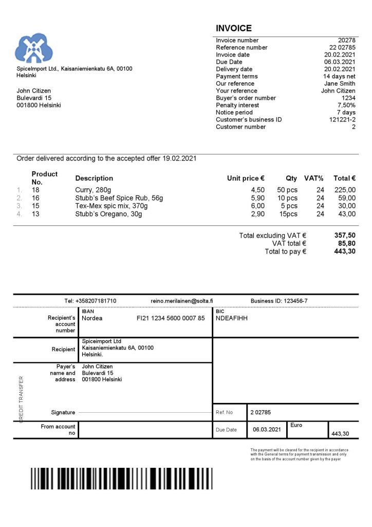 Finland SpiceImport Ltd invoice template in Word and PDF format, fully editable