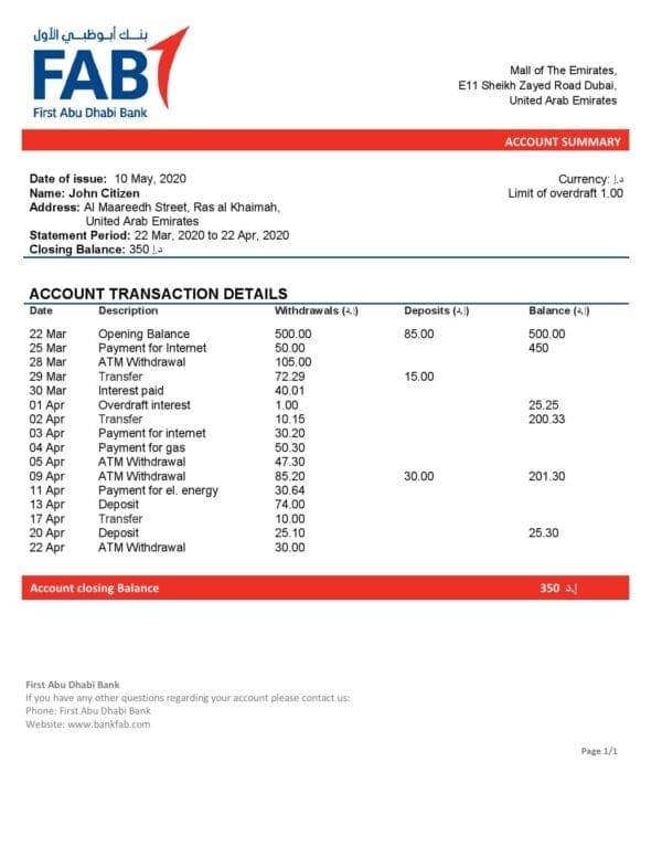 UAE First Abu Dhabi bank statement easy to fill template in Word and PDF format
