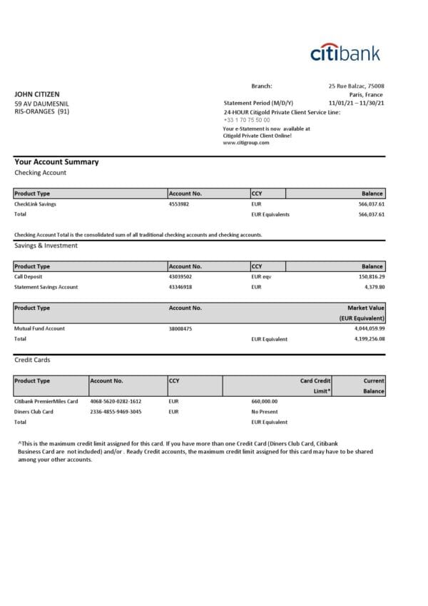 France Citibank bank statement template in .xls and .pdf file format