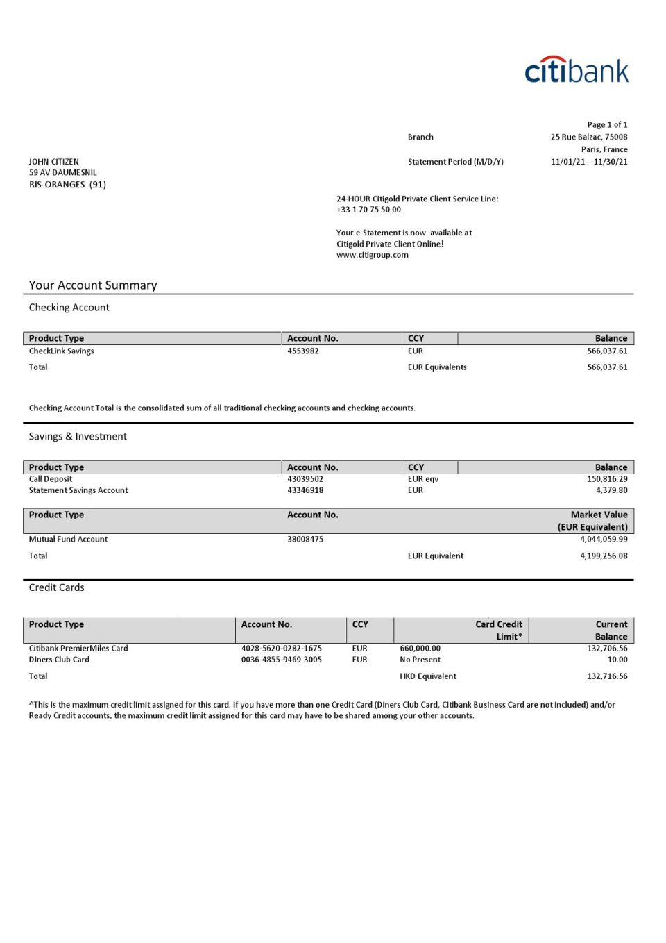 France Citibank bank statement template in Word and PDF format