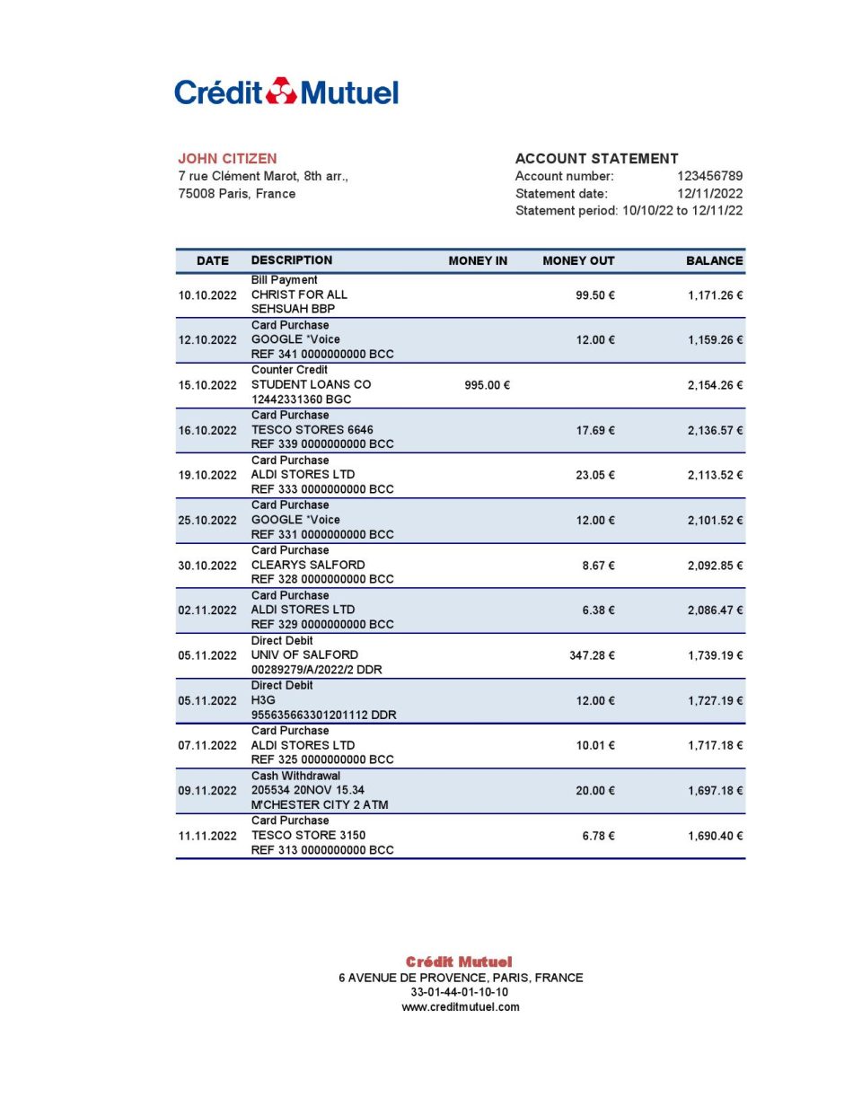France Credit Mutuel bank statement Excel and PDF template
