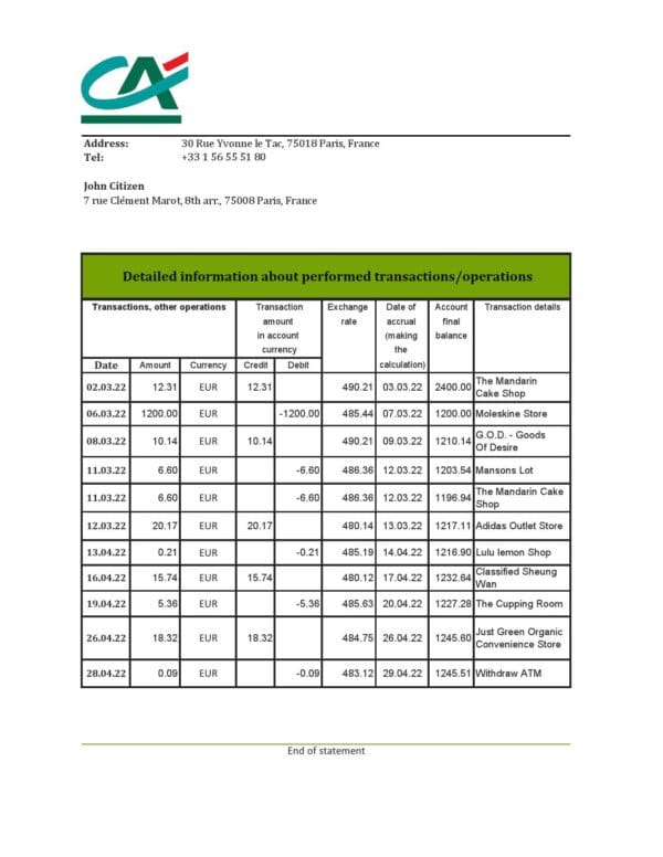 France Credite Agricole Bank statement Excel and PDF template