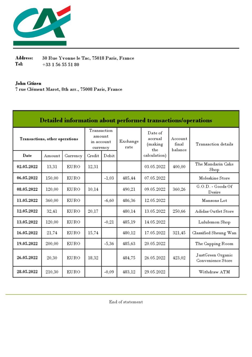 France Credite Agricole bank statement template in Word and PDF (.doc and .pdf) format