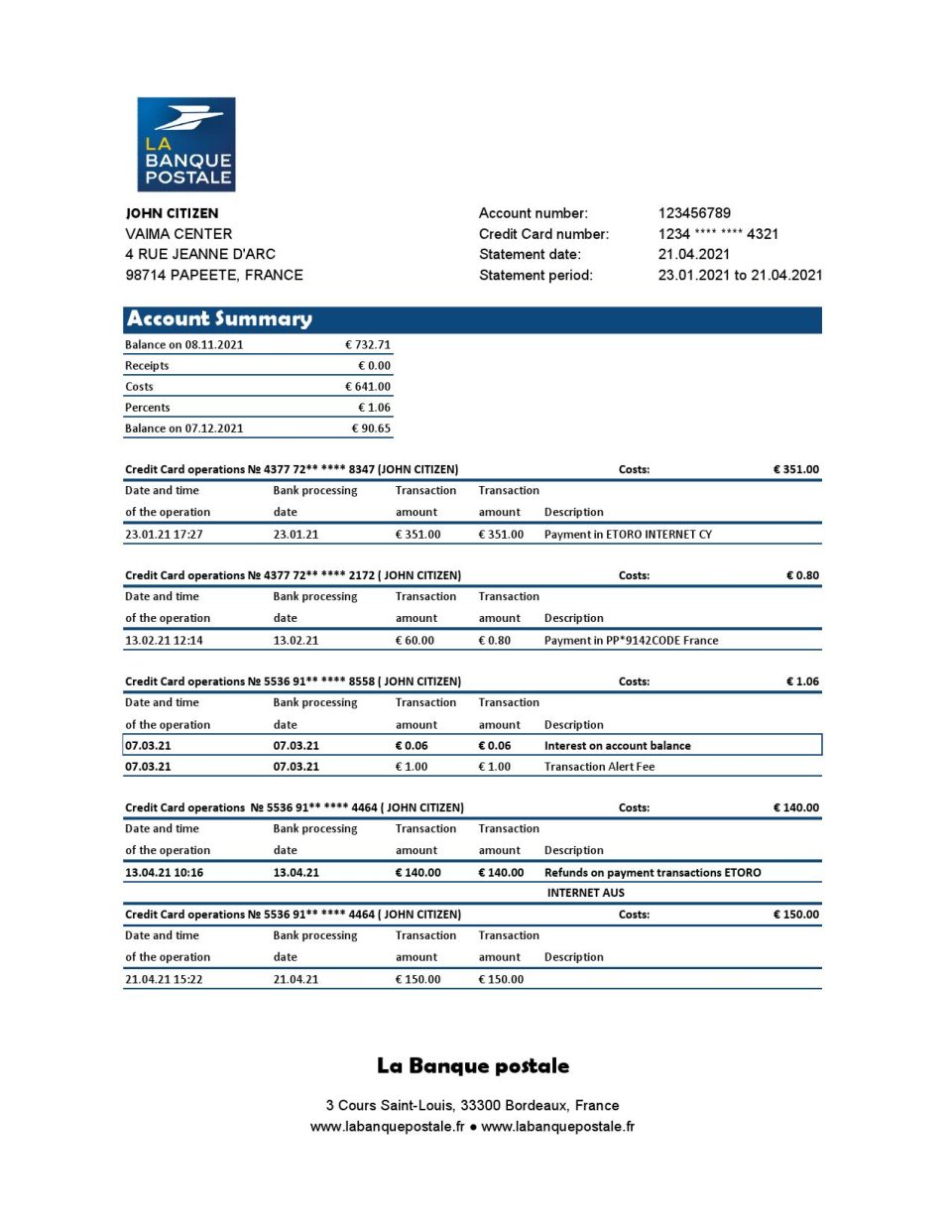France La Banque Postale bank statement easy to fill template in .xls and .pdf file format