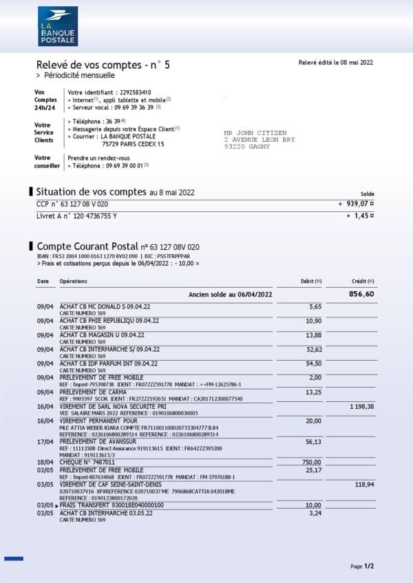 France La Banque Postale bank statement Word and PDF template, 3 pages