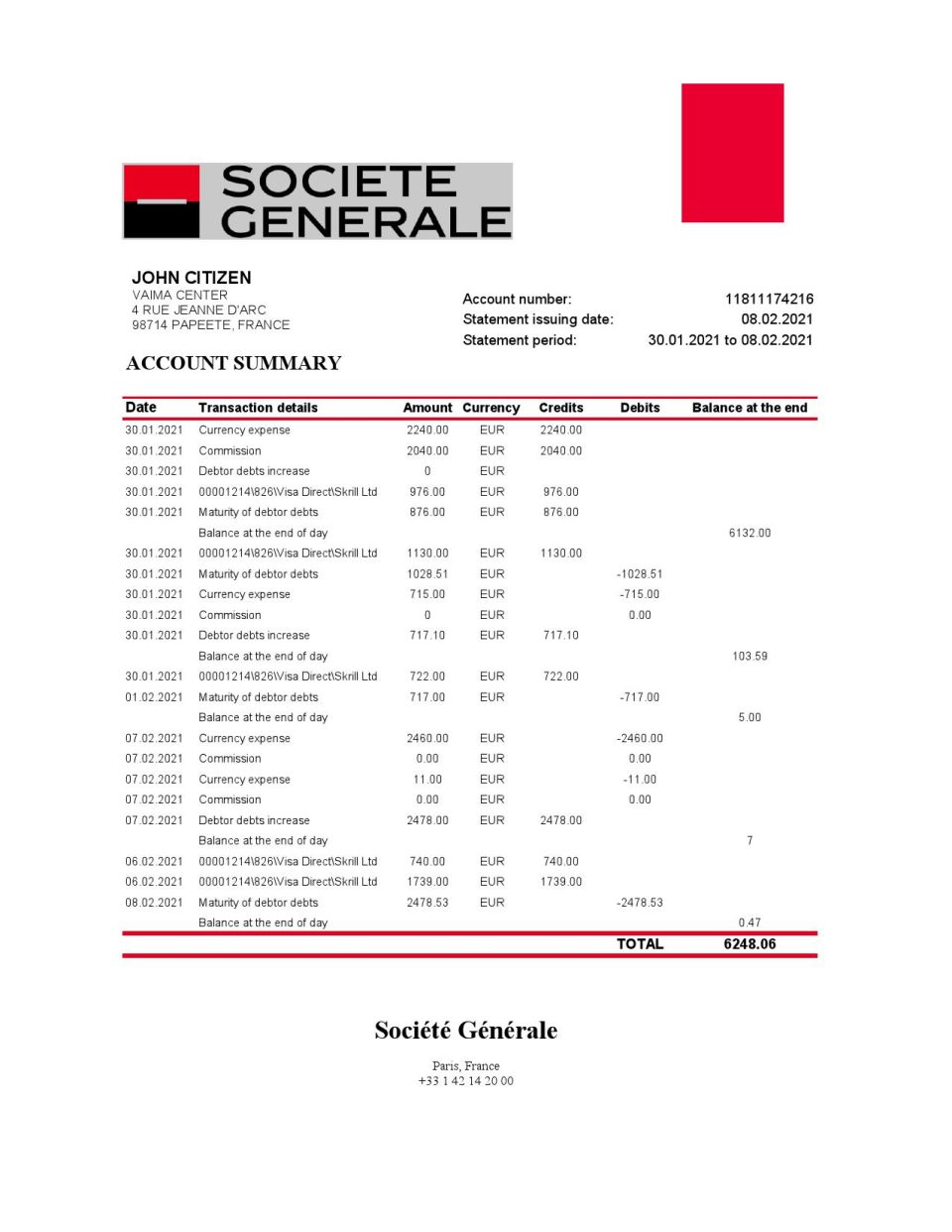 France Société Générale bank statement template in Excel and PDF format