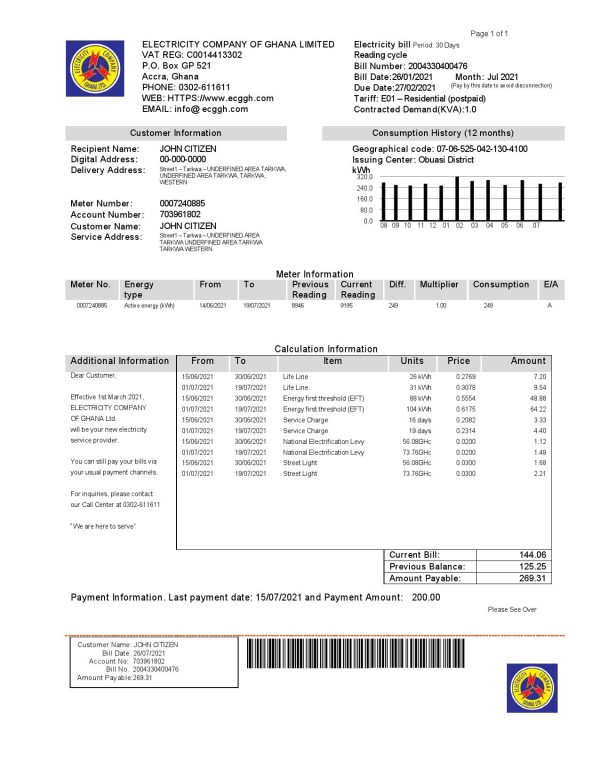 Ghana Electricity Company of Ghana utility bill template in Word and PDF format