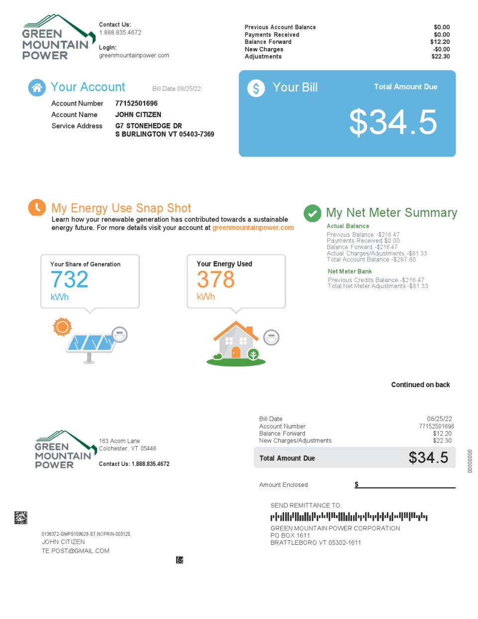 USA Vermont Green Mountain Power utility bill, Word and PDF template, 2 pages