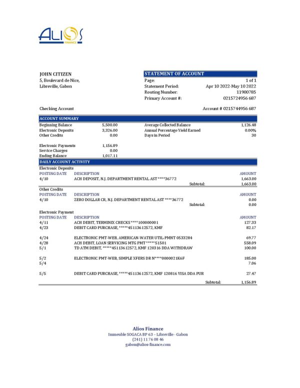 Gabon Alios Finance bank statement Excel and PDF template