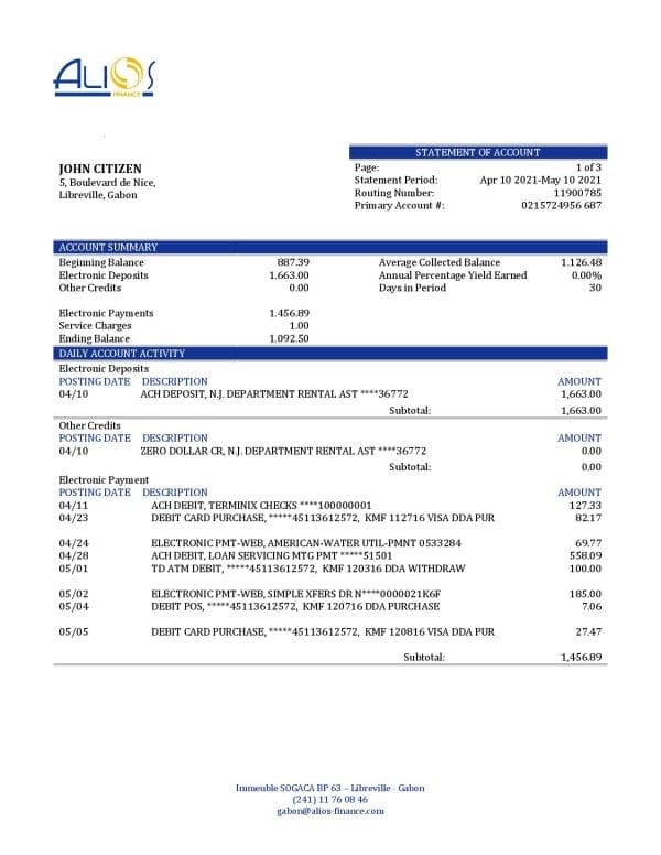 Gabon Alios Finance bank statement template in Word and PDF format