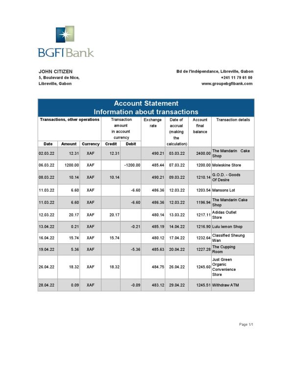 Gabon BGFI bank statement Excel and PDF template
