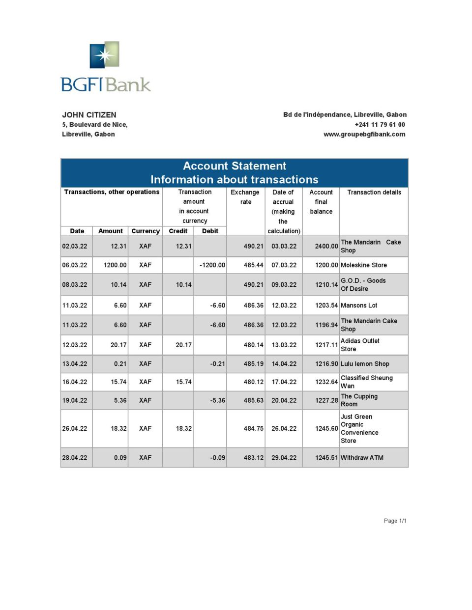 Gabon BGFI bank statement Excel and PDF template