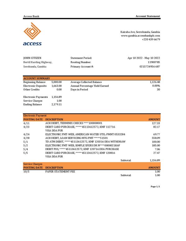 Gambia Access bank statement Excel and PDF template