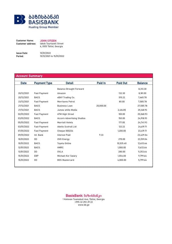 Georgia Basis Bank statement template in Word and PDF format