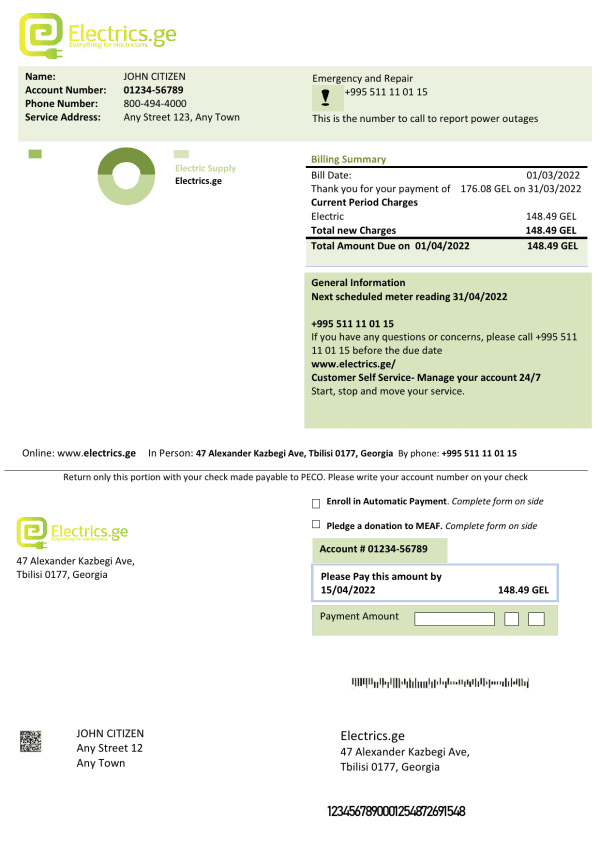 Georgia Electrics.ge electricity bill template in Word and PDF format