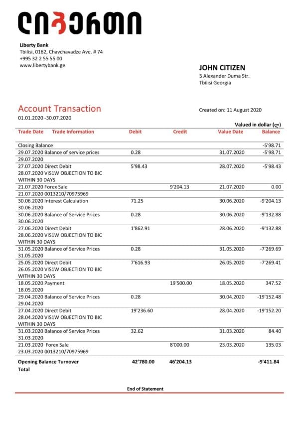 Georgia Liberty Bank proof of address statement template in Word and PDF format, fully editable