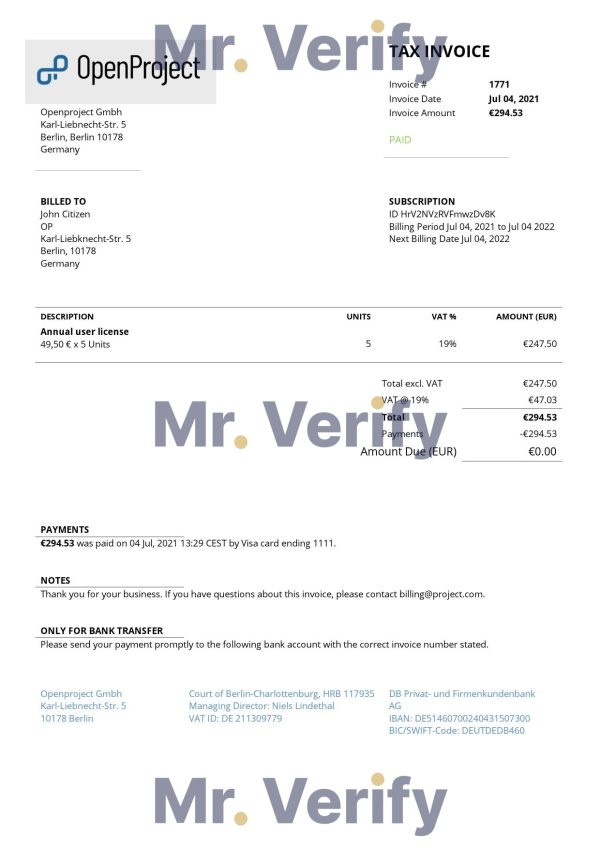 USA Verizon invoice template in Word and PDF format, fully editable