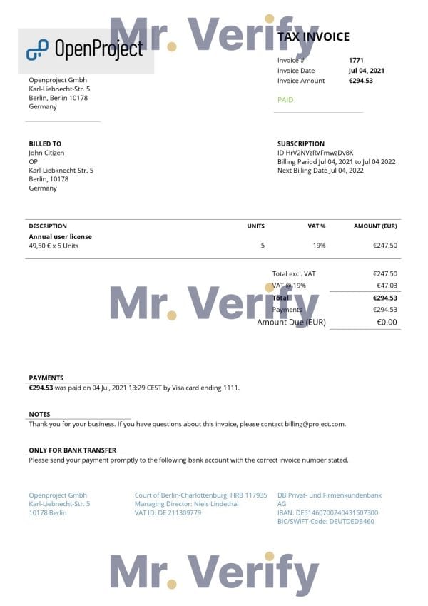 High-Quality Germany OpenProject leading open source project management software Invoice Template PDF | Fully Editable