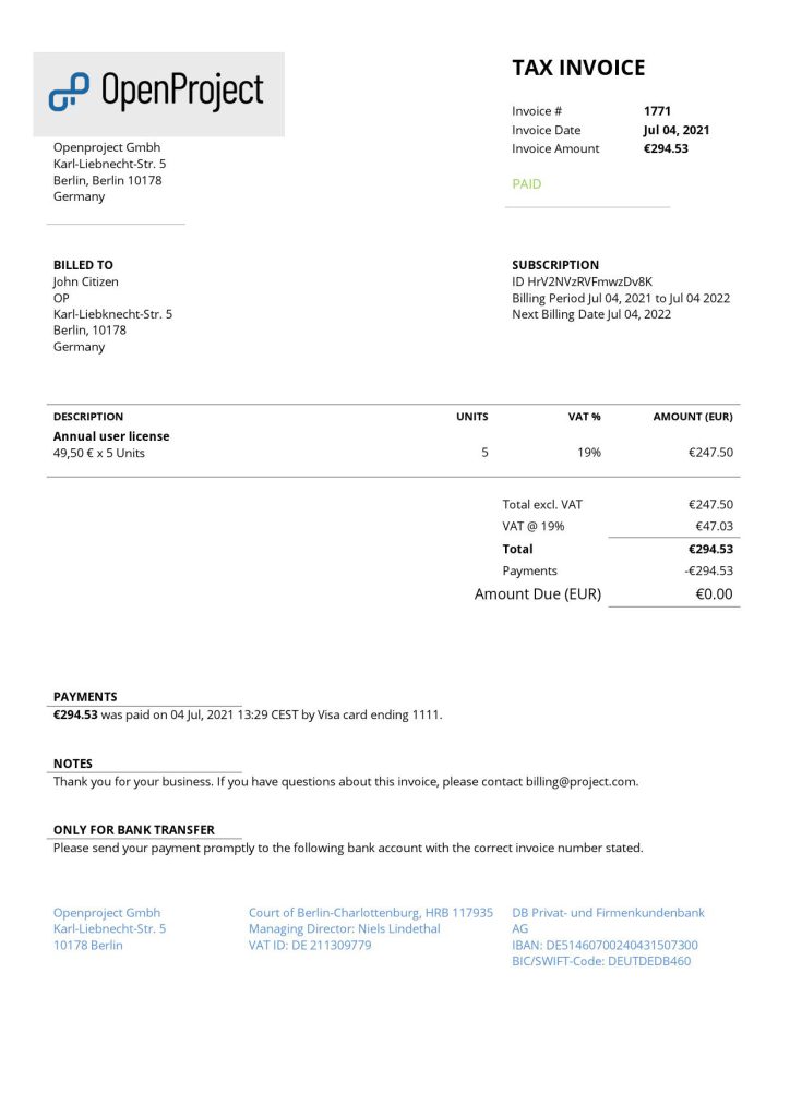High-Quality Germany OpenProject leading open source project management software Invoice Template PDF | Fully Editable