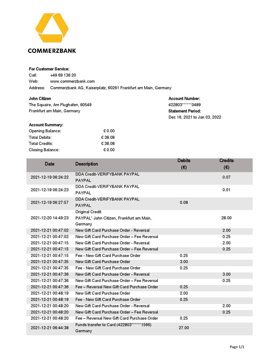Germany Commerzbank bank statement template in Word and PDF format