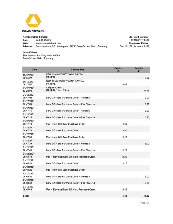 Germany Commerzbank statement Excel and PDF template