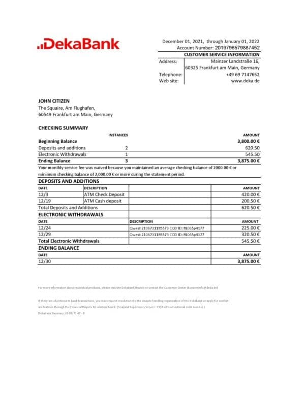 Germany Dekabank bank statement Excel and PDF template