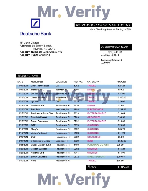 Germany Deutsche bank proof of address statement template in Word and PDF format