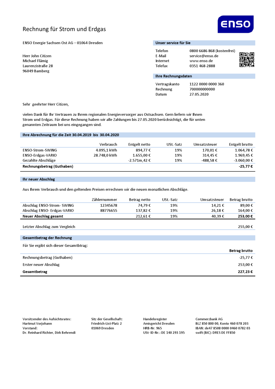 Germany ENSO rechnung für strom und erdgas utility bill template in Word and PDF format