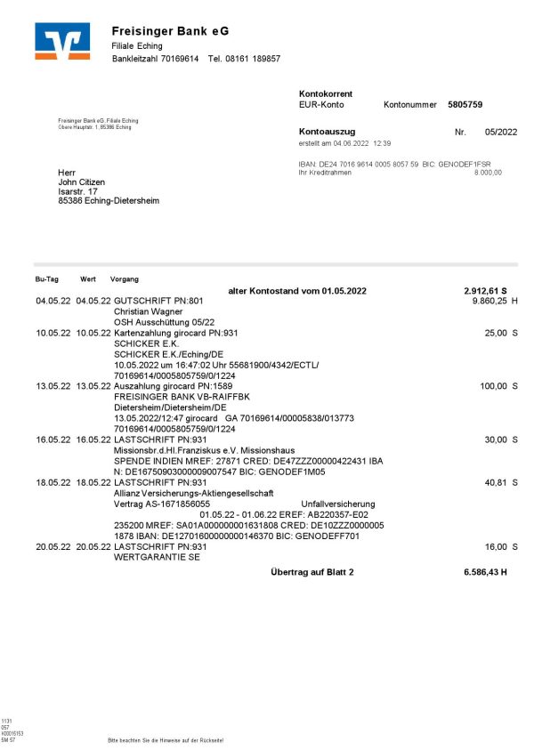 Germany Freisinger Bank eG bank statement, Word and PDF template, 2 pages