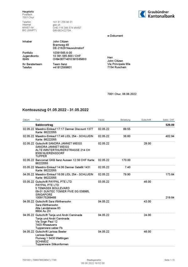 Germany Graubundner Kantonalbank bank statement, Word and PDF template, 4 pages