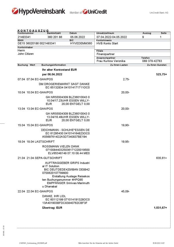 Germany HypoVereins bank statement, Word and PDF template, 3 pages