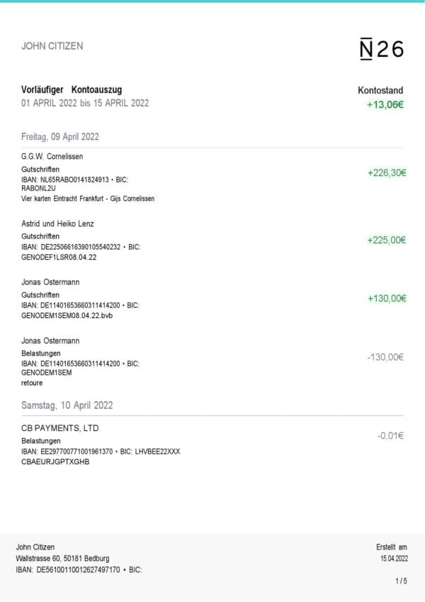 Germany N26 bank statement, Word and PDF template, 5 pages (in German language)