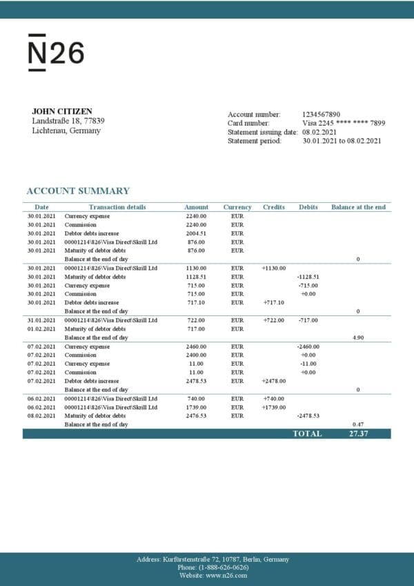 Germany N26 bank statement template in Excel and PDF format