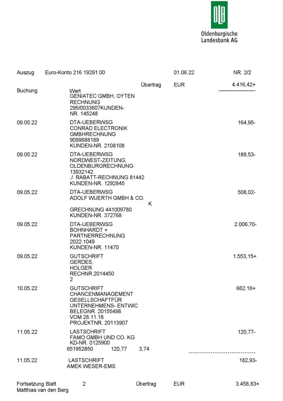 Germany Oldenburgische bank statement, Word and PDF template, 3 pages