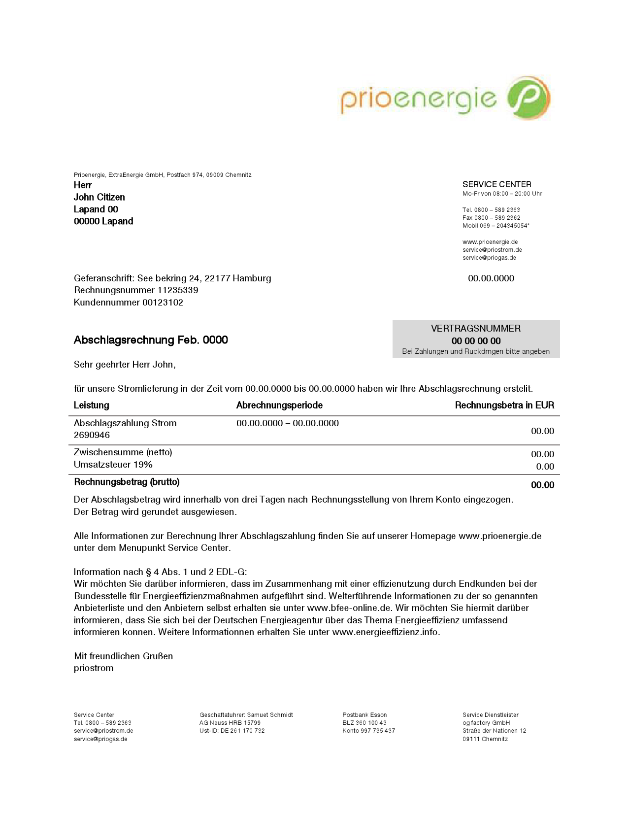 Germany Prioenergie proof of address utility bill template in Word and PDF format
