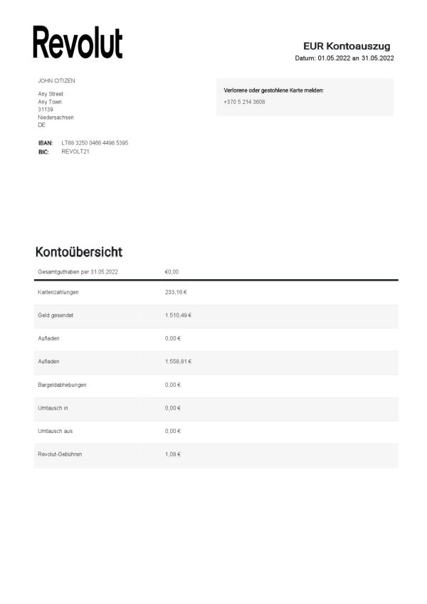 Austria Addiko bank statement template in Word and PDF format