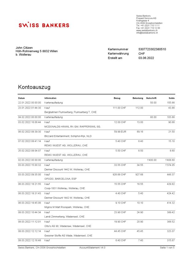 Germany Swiss Bank statement template in Word and PDF format in German language, 5 pages