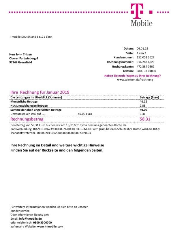 Germany T Mobile utility bill template in Word and PDF format