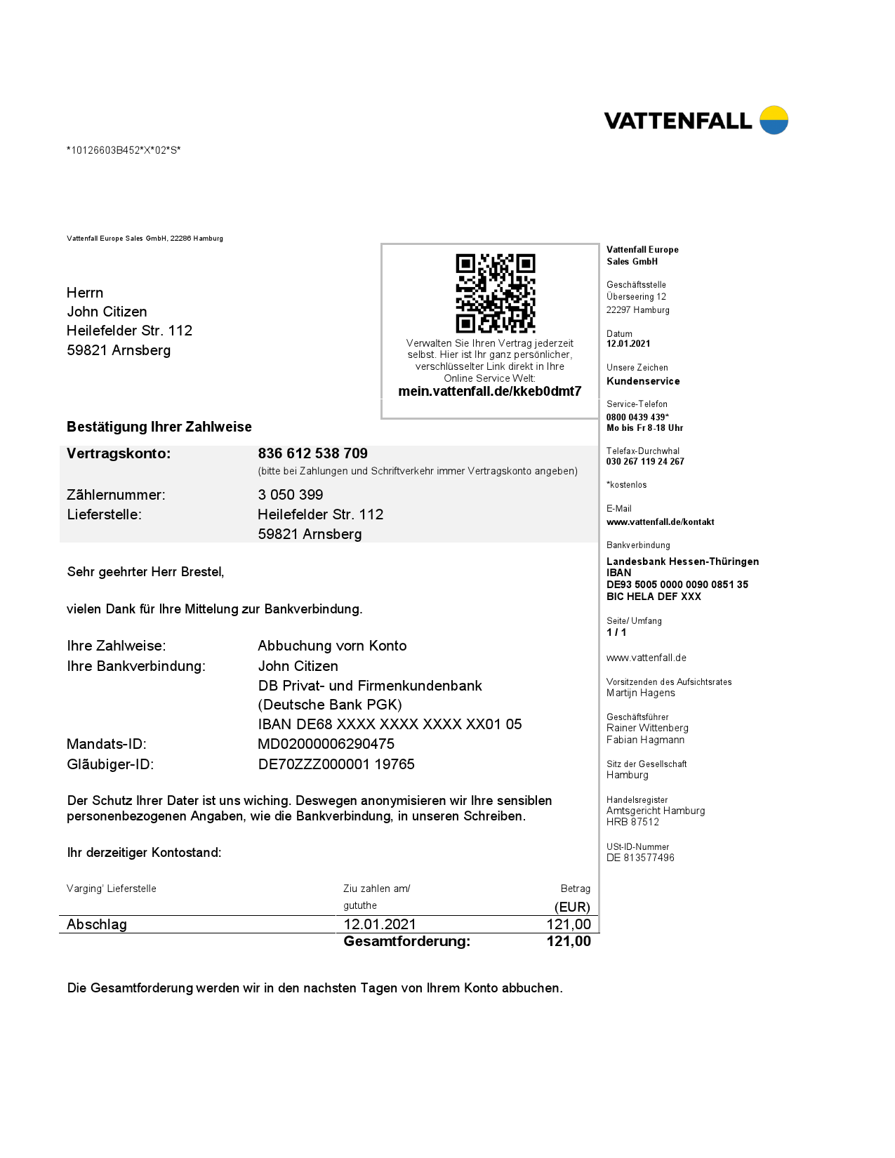 Germany VATTENFALL utility bill template in Word and PDF format (in German language)