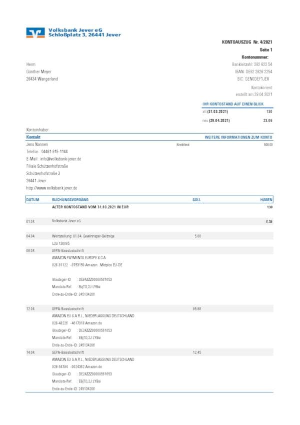 Germany Volksbank Jever statement template in Excel and PDF format